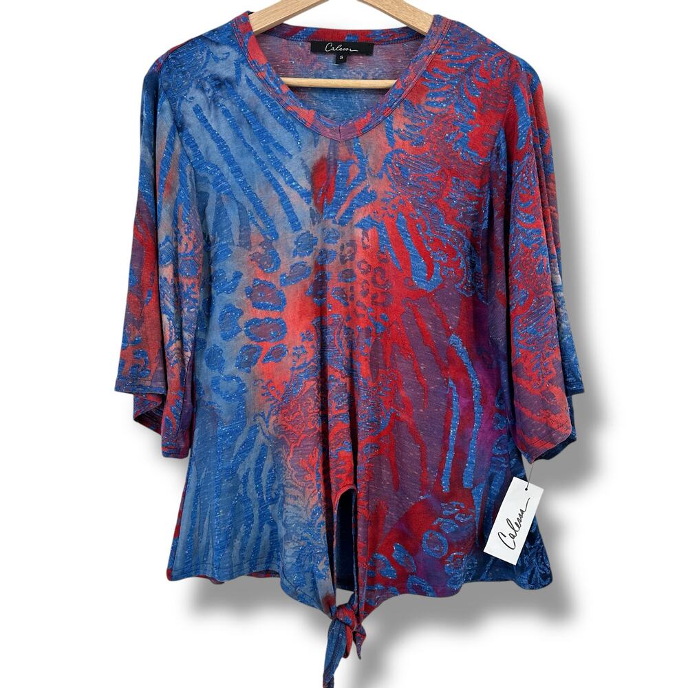New Calessa Tie Dye Burnout Knit Tie Waist Shirt Size S Abstract Animal Print